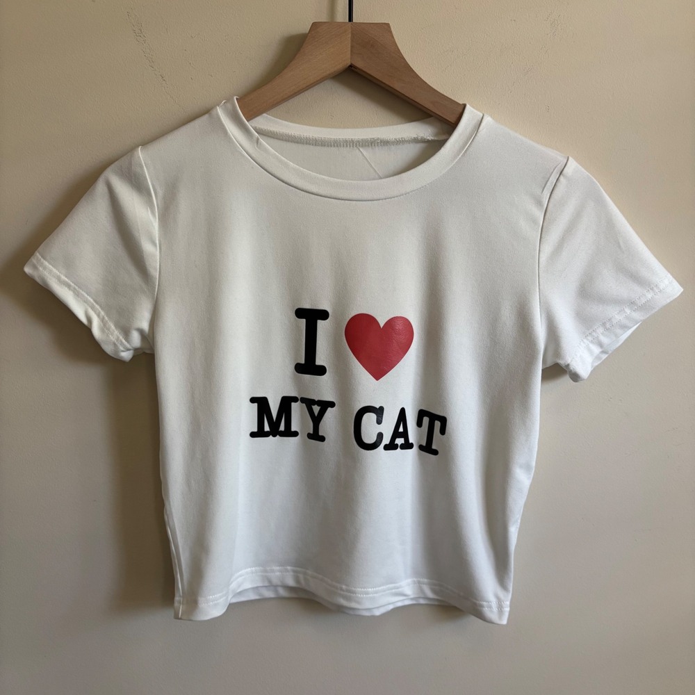 SHEIN White I Heart My Cat Graphic Crop Top Short Sleeve Tee Small
